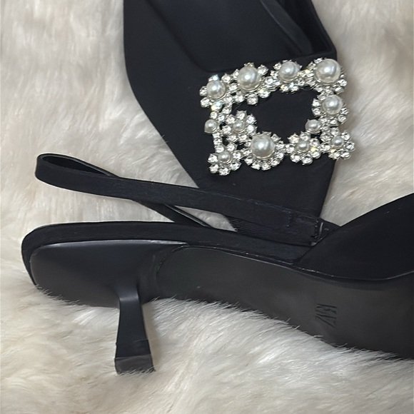 ZARA Black Slingback Kitten Heels Pearl Rhinestones Wedding Work Party 40 9.5 10 - Picture 6 of 8